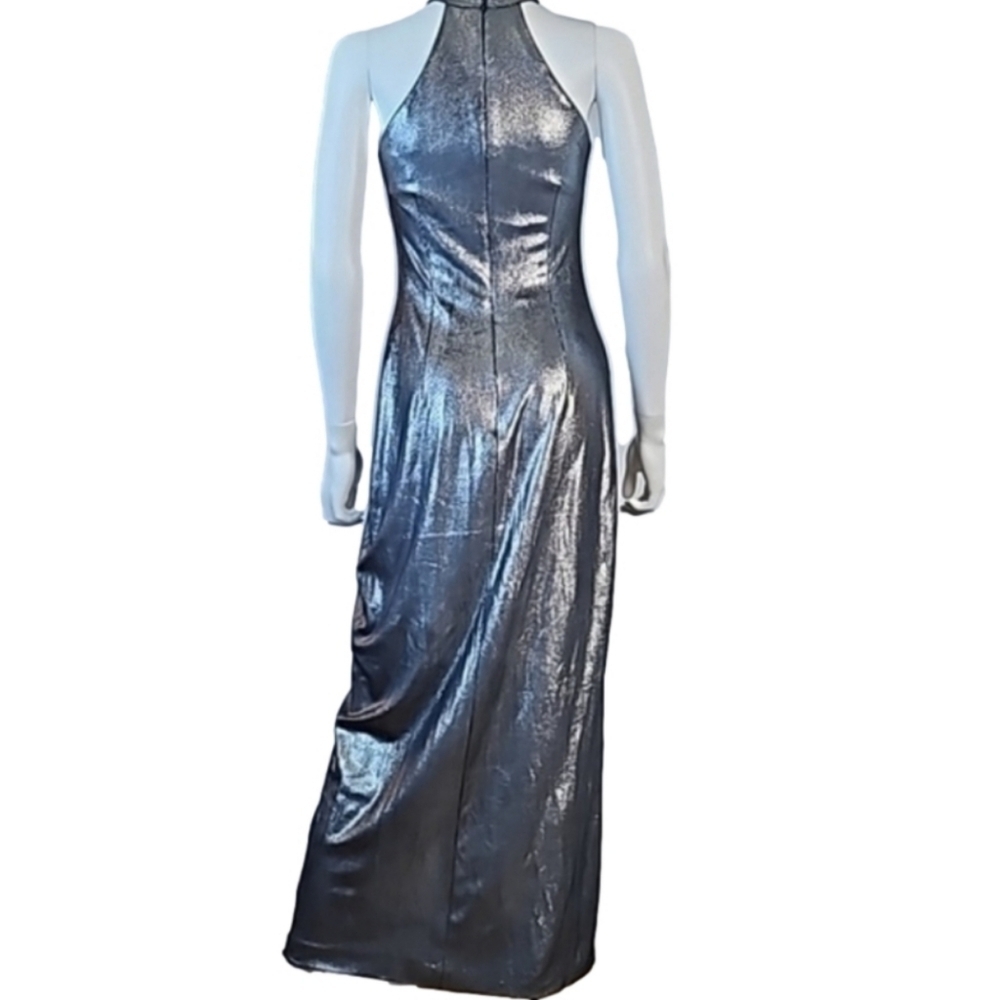 Vintage Alex Evenings Metallic Pewter Halter Back Zip Front Slit Formal … - Picture 7 of 16